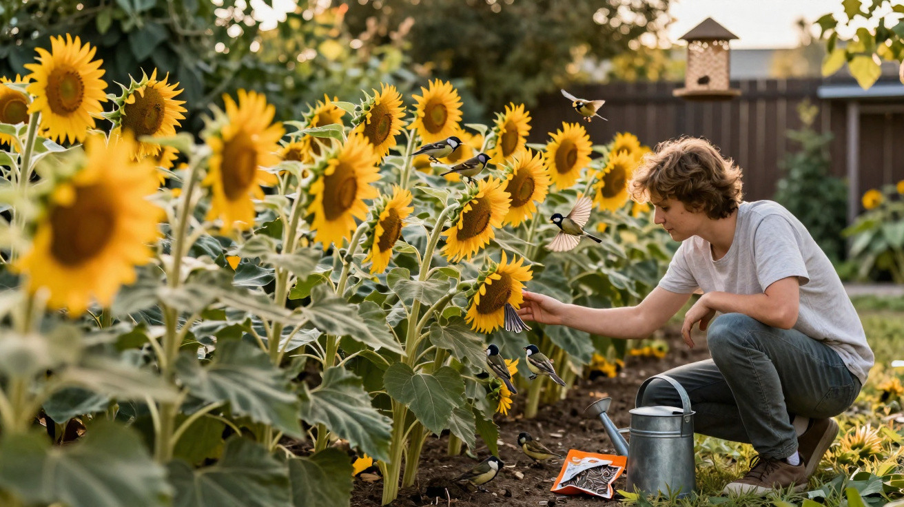 Young person in a garden squatting by sunflowers, reaching out to birds with a watering can and seeds nearby.