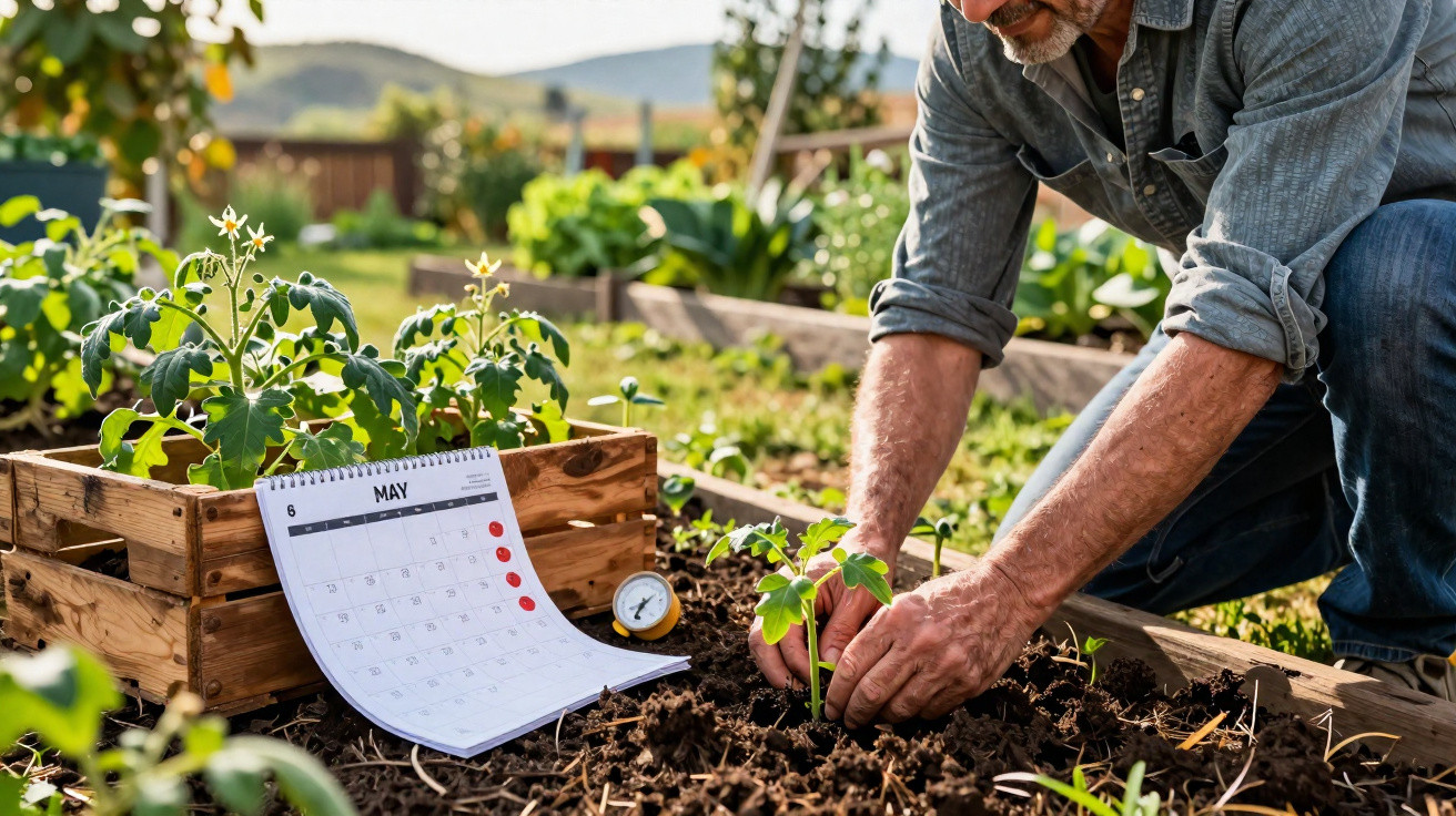 Man planting a seedling in a garden bed with a May calendar and plants in a wooden crate nearby
