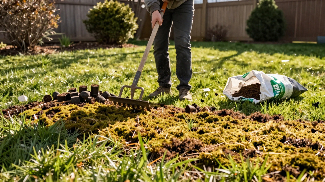 Person using a garden rake to remove moss from a grassy lawn with soil bags and plant pots nearby in sunlight.