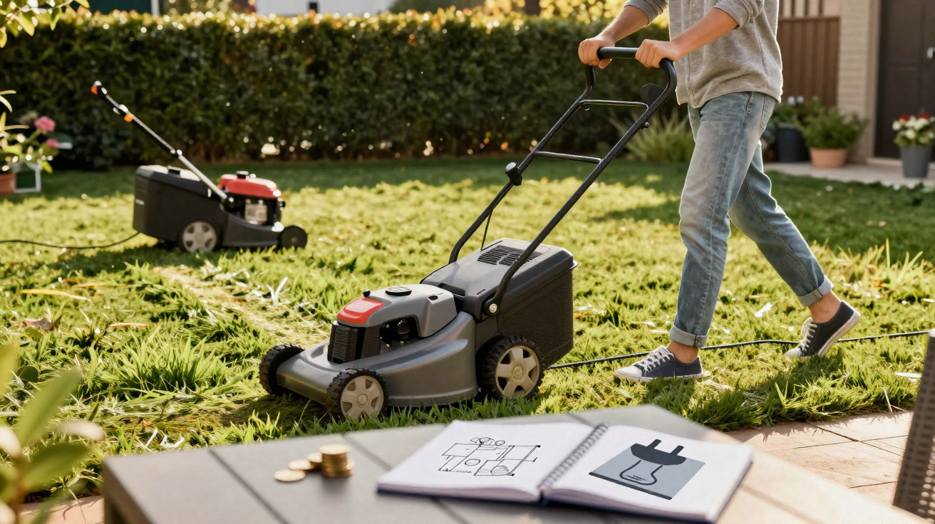 Person pushing a lawnmower on grass with another mower and gardening plans on a table in the foreground.