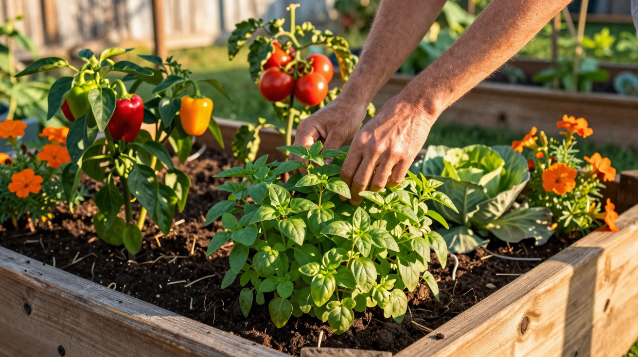 Hands tending a raised garden bed with basil, tomatoes, peppers, lettuce, and orange flowers in sunlight.