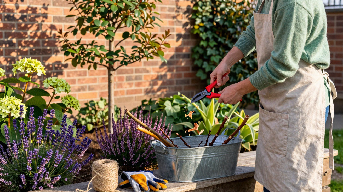 Person pruning plant cuttings into a metal tub in a garden with flowers and a brick wall background.
