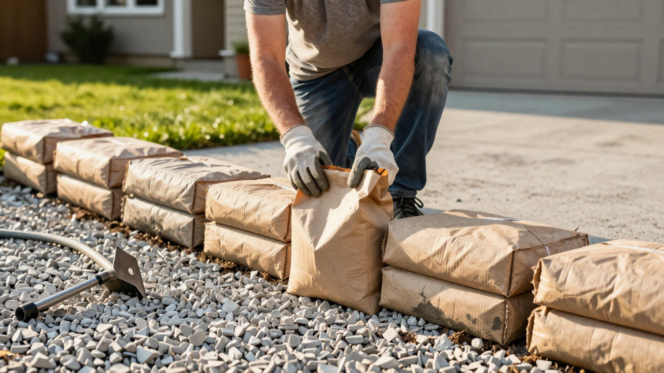 Person wearing gloves arranging brown sandbags on gravel next to a driveway in daylight.