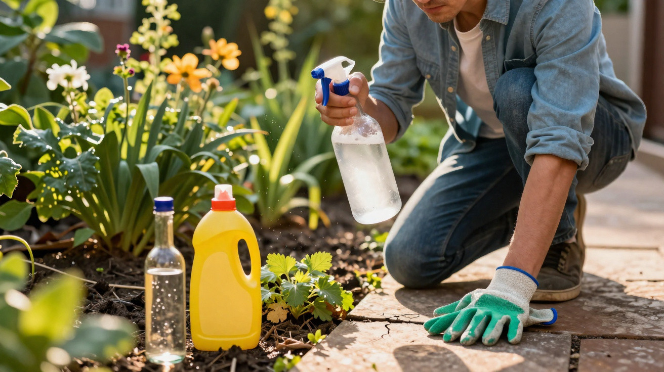 Person wearing gloves spraying plants in a garden bed with gardening liquids nearby on a sunny day.