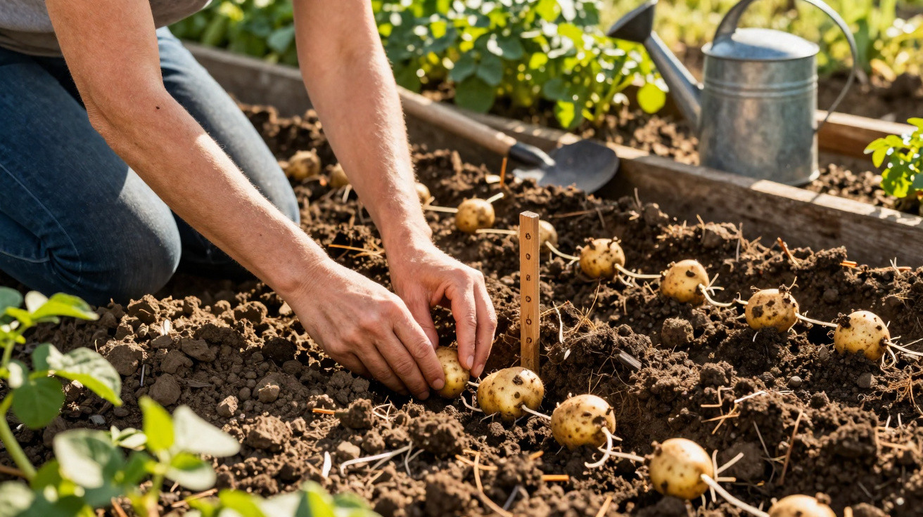Person planting seed potatoes in soil with gardening tools and a watering can nearby in a garden bed.