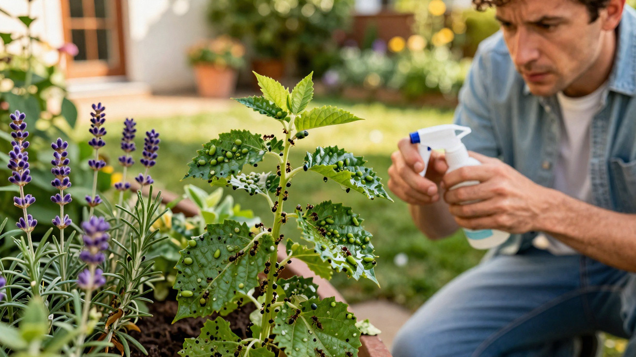 Man spraying insecticide on a plant affected by aphids in a garden during daytime.