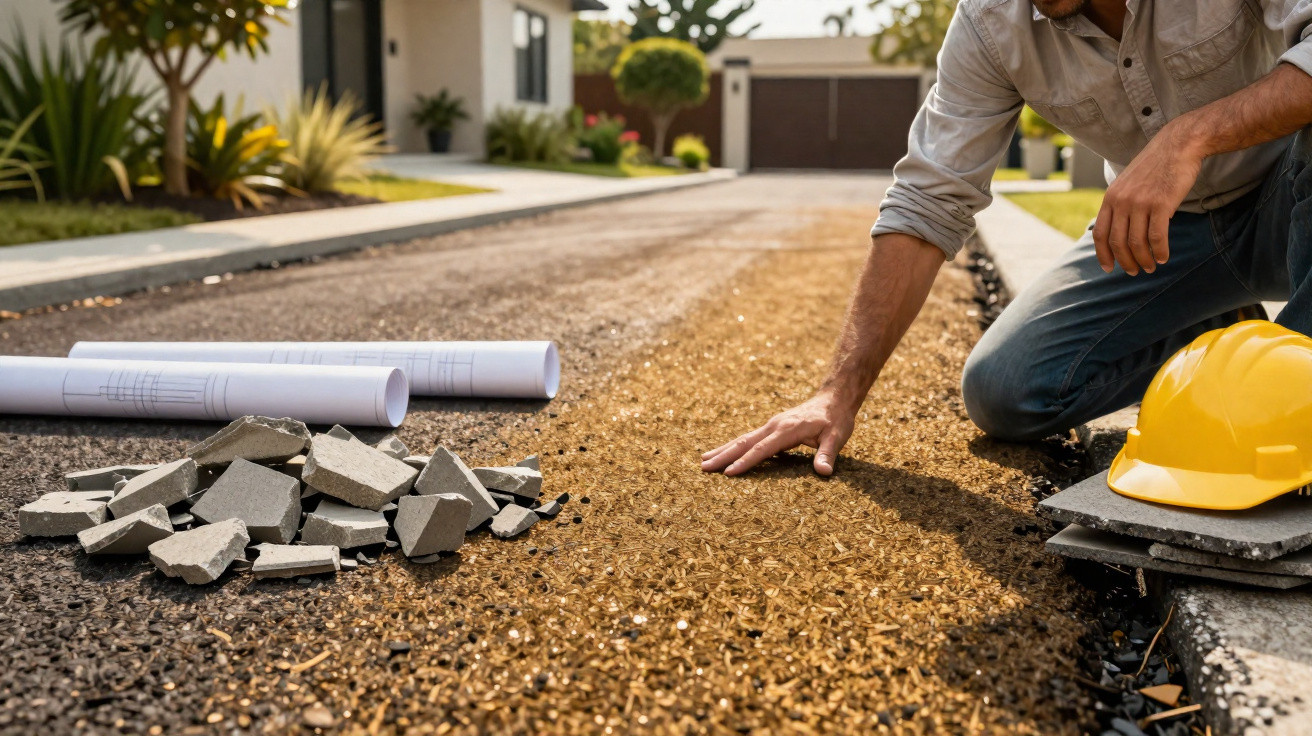 A person kneeling on a driveway under construction with blueprints, rubble, and a yellow hard hat nearby.