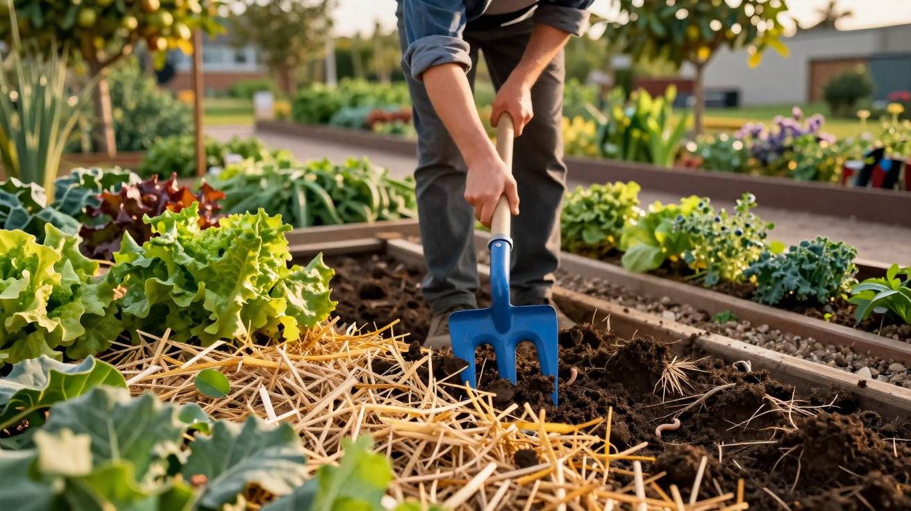 Person using a garden fork to dig soil in a raised vegetable bed surrounded by leafy greens and straw mulch.