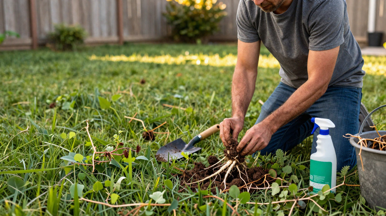 Man removing weeds from a grassy garden with gardening tools and spray bottle nearby.