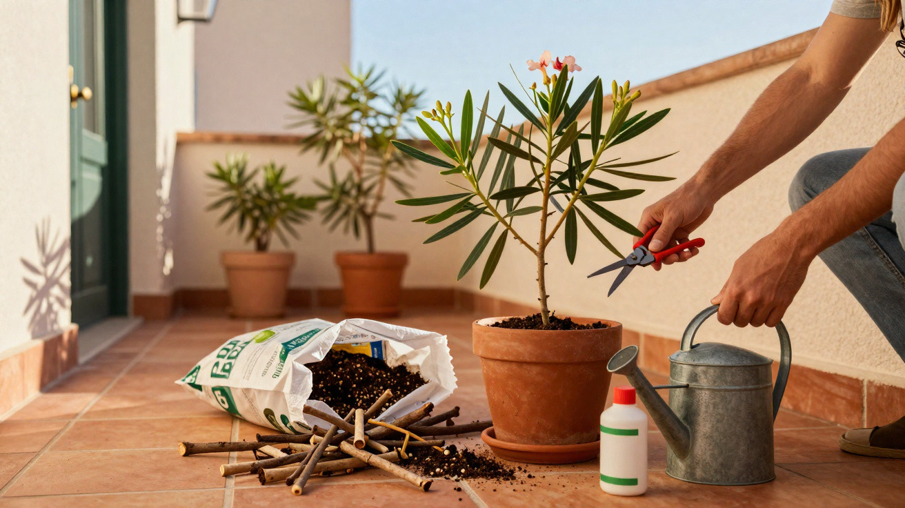 Person pruning a potted plant on a tiled terrace with gardening tools and soil scattered nearby.