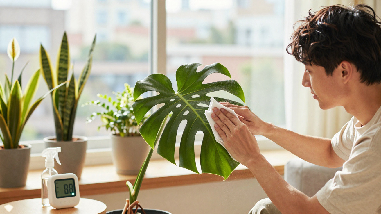 Young man cleaning a large monstera leaf in a sunlit room with multiple potted plants on the windowsill.