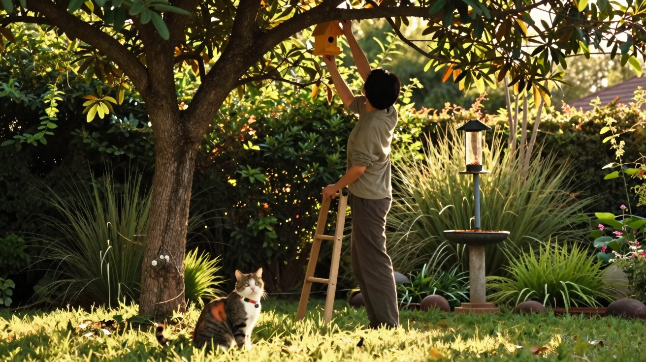 Child on a ladder hanging a yellow birdhouse in a garden tree with a cat sitting on the grass nearby.