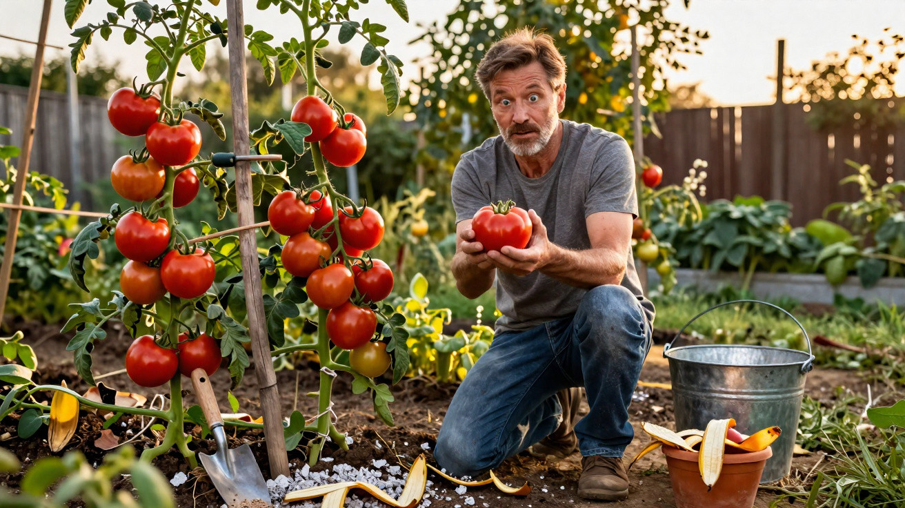Man in garden holding large ripe tomato beside a tomato plant laden with red tomatoes at sunset.