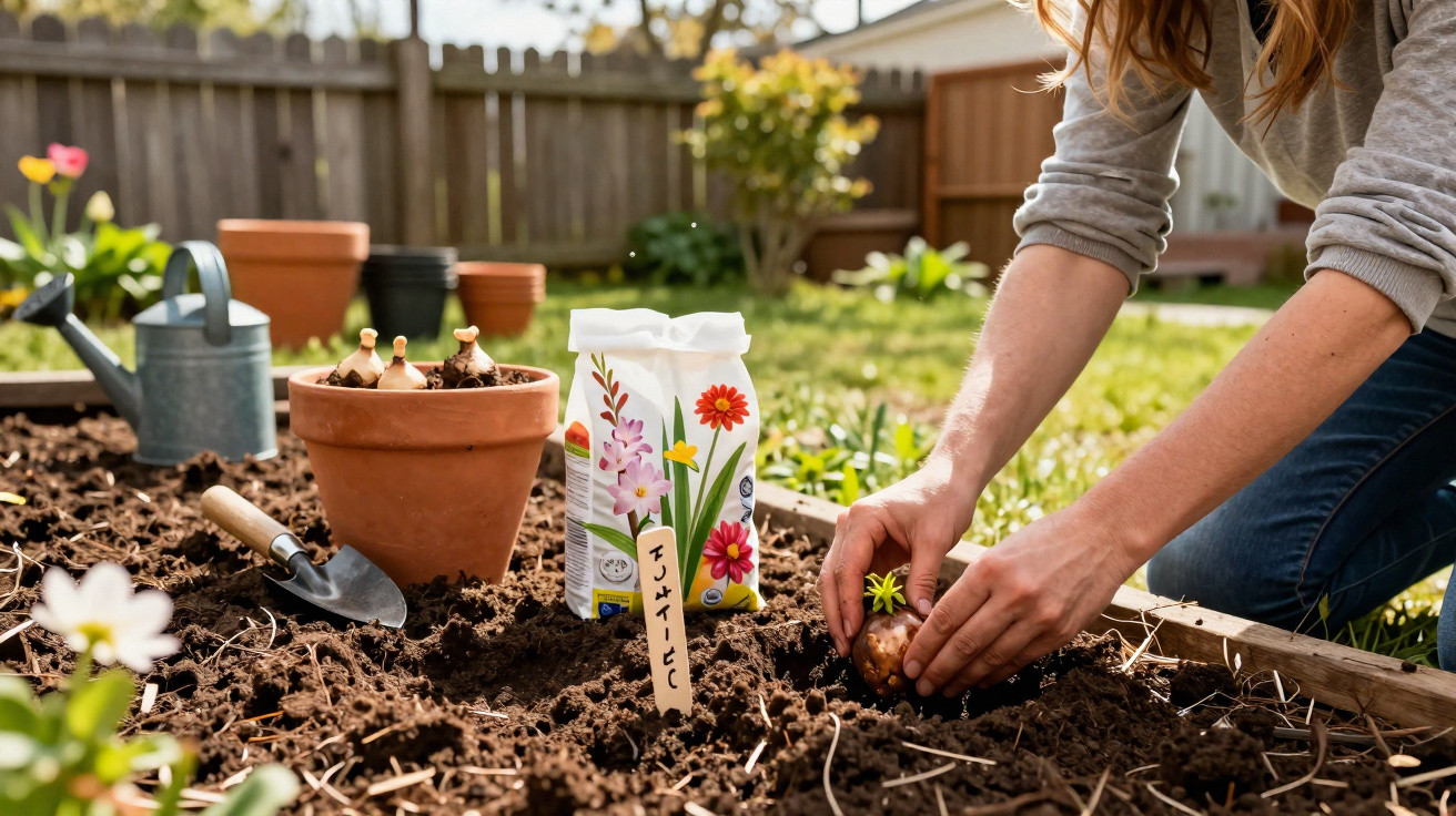 Person planting flower bulbs in garden soil with gardening tools and pots nearby on a sunny day.