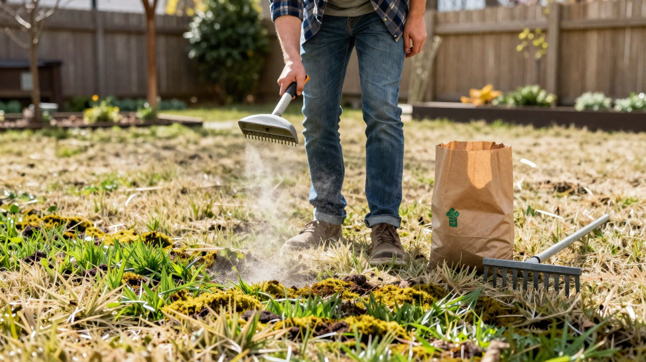 Person using a garden tool to aerate soil in a yard with a rake and paper compost bag nearby.