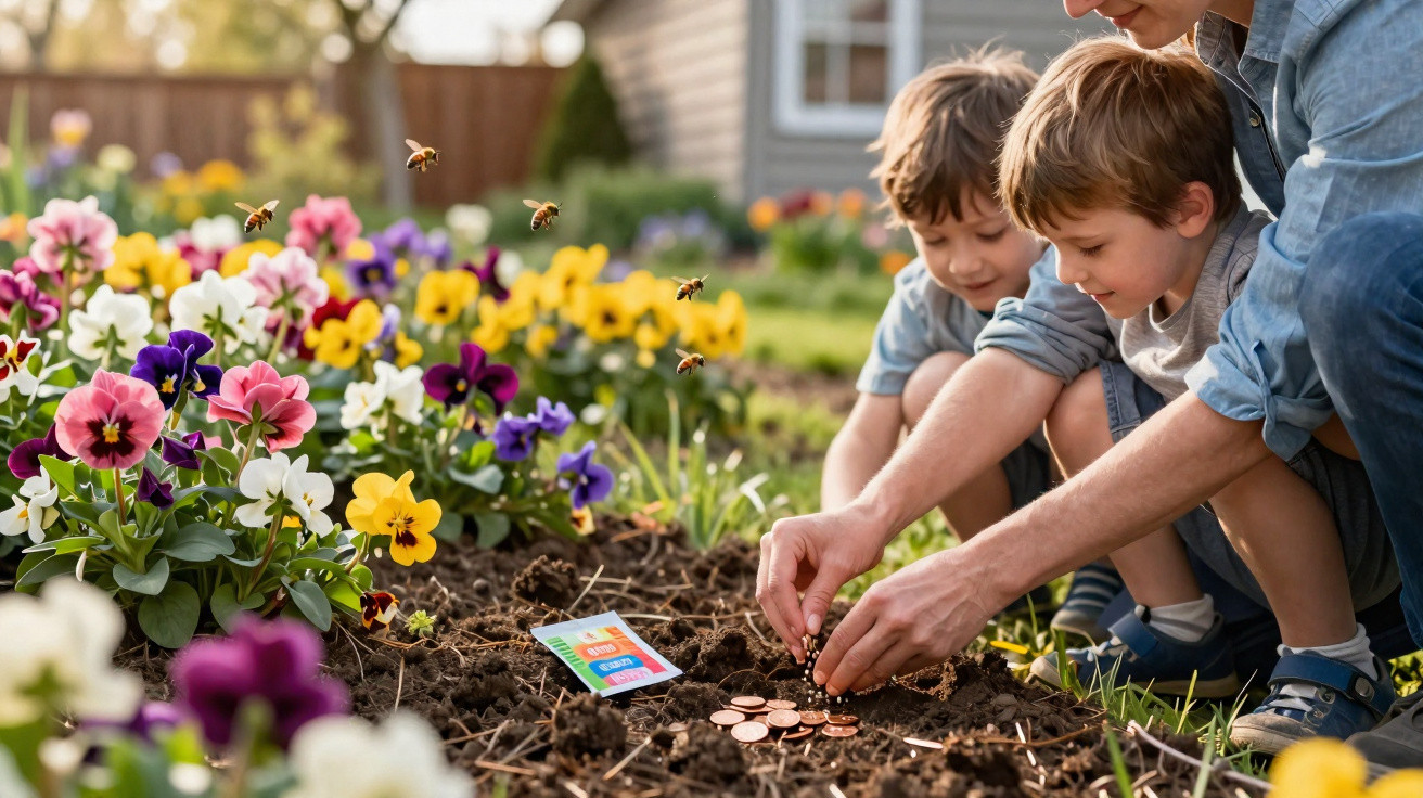 Adult and two children planting seeds in a garden bed with bees and colourful pansy flowers nearby.
