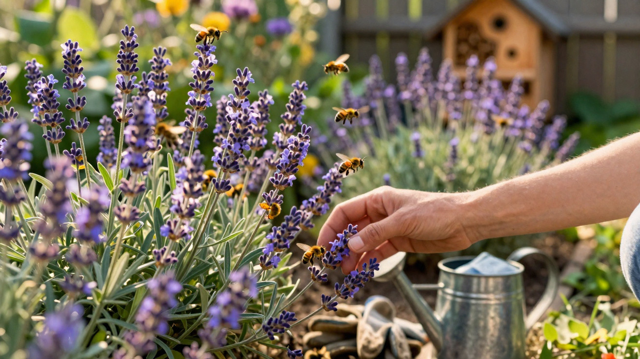 Hand reaching to touch lavender flowers with bees flying around, gardening tools and watering can nearby.