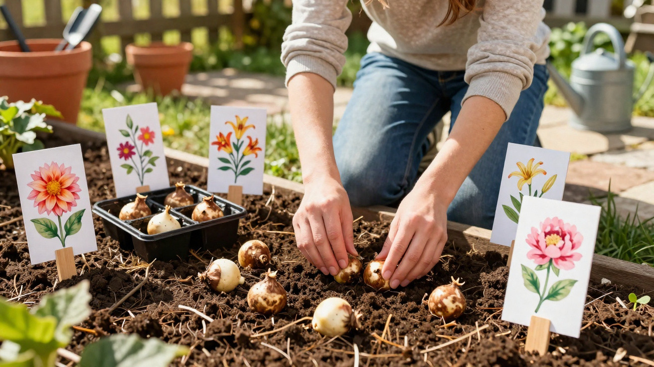 Person planting flower bulbs in a garden bed with illustrated flower markers beside them.