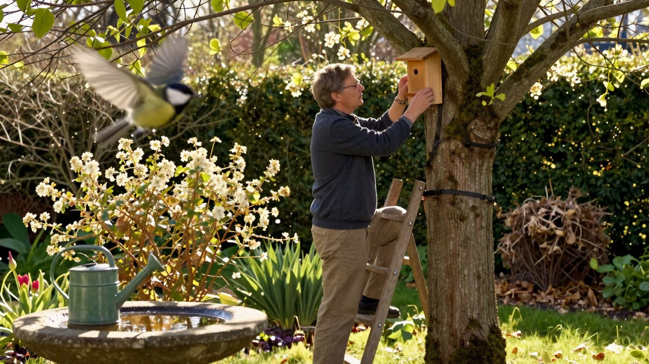Man on ladder fixing wooden birdhouse to tree in sunny garden with bird in flight and watering can nearby