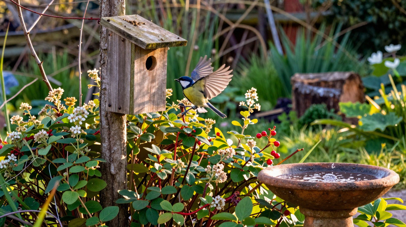Blue tit bird in flight near a wooden birdhouse surrounded by green plants and a birdbath in a garden.