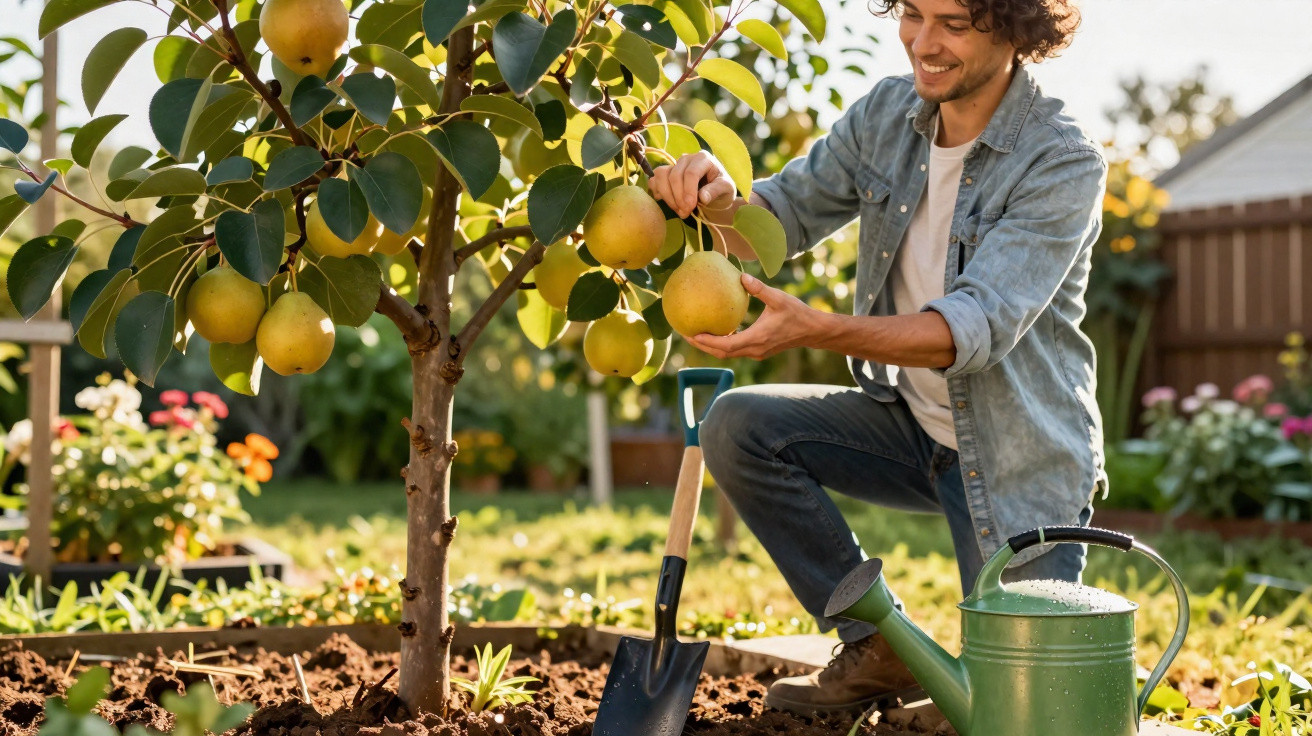 Man kneeling in garden picking ripe pears from a small tree with watering can and shovel nearby.