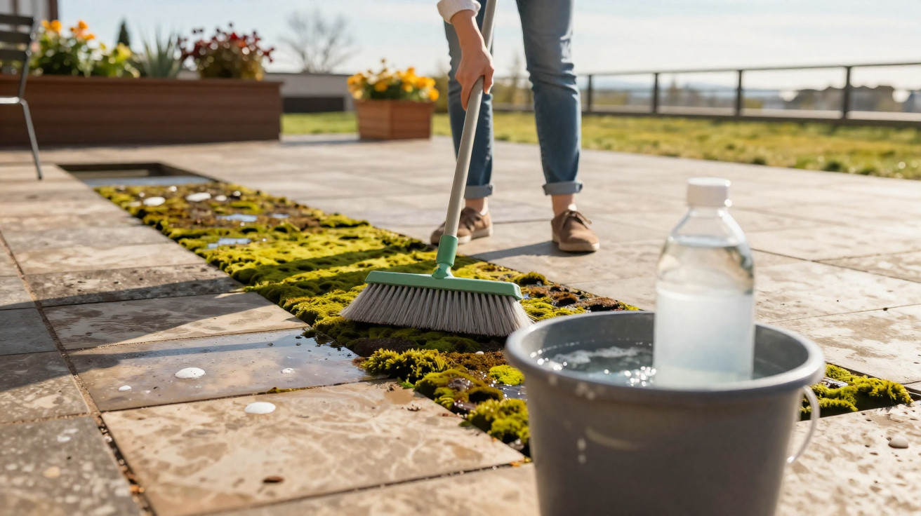 Person sweeping moss and dirt from outdoor tiled floor with a brush and bucket of water nearby on a sunny day.