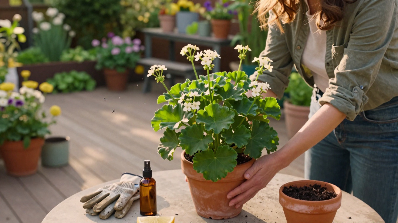 Person repotting a white flowering plant outdoors on a sunny wooden deck with gardening tools nearby.