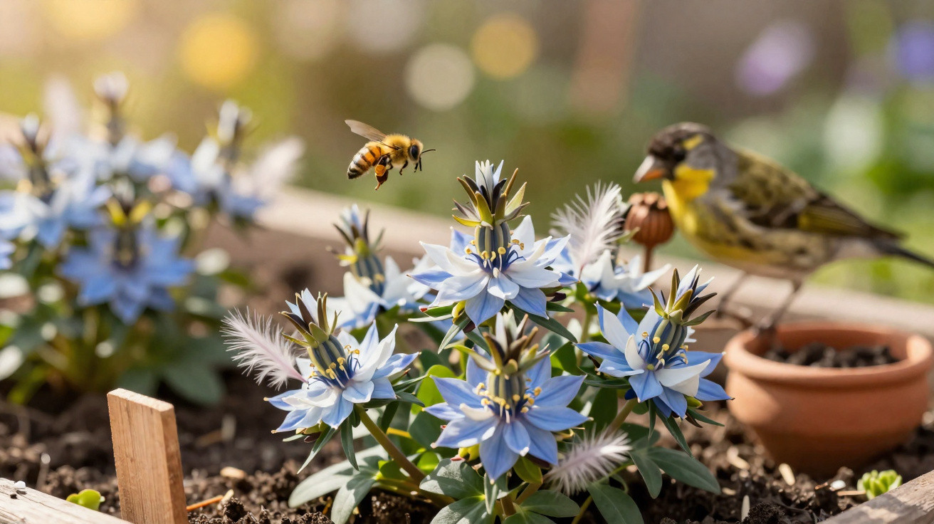 Honeybee flying near blue flowers with a yellow and black bird perched beside a terracotta pot.