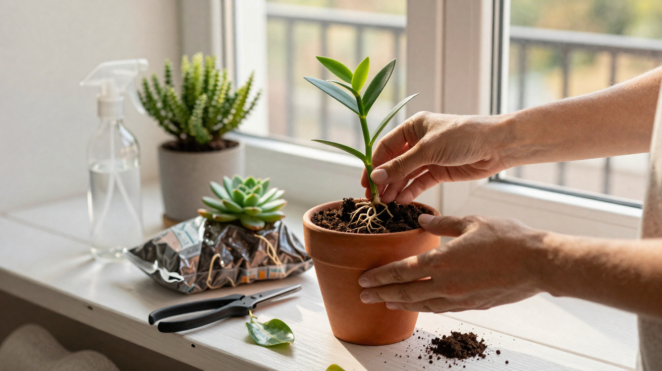 Hands planting a small green plant into a terracotta pot on a windowsill with gardening tools nearby.