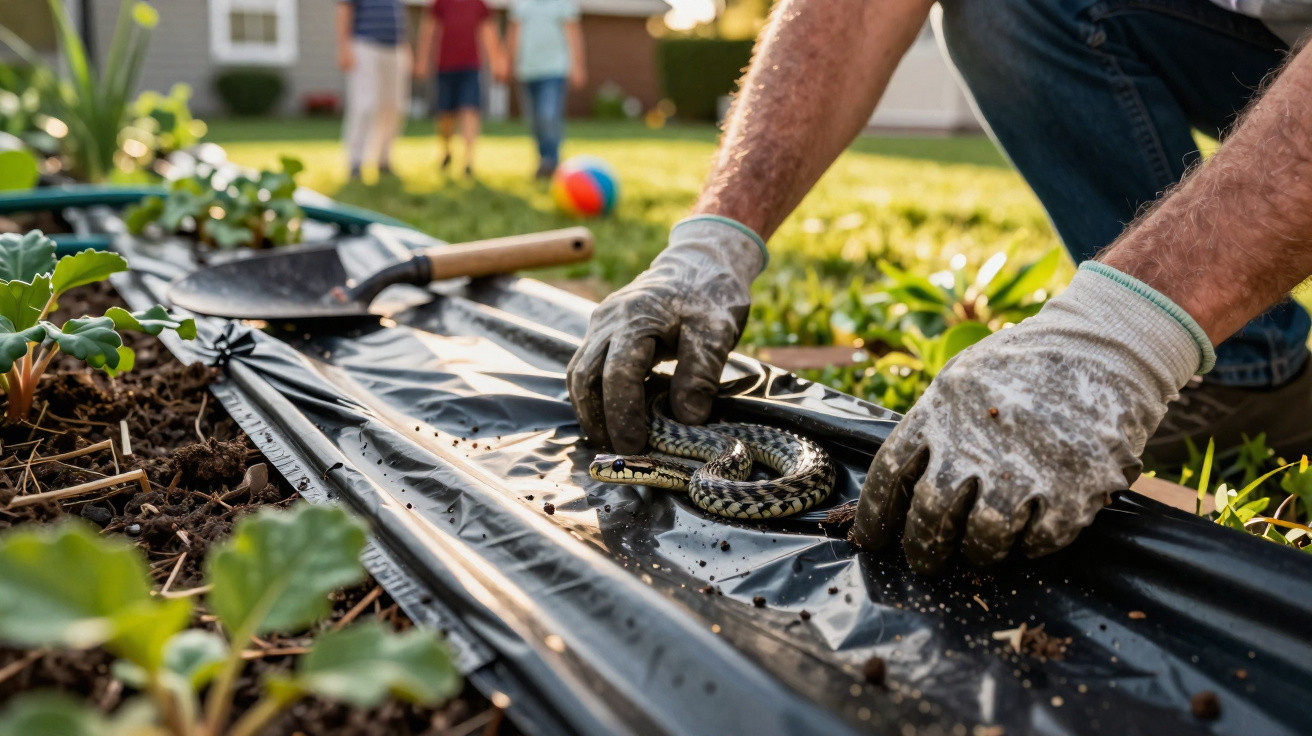 Person wearing gloves carefully handling a small snake in a garden bed with children blurred in the background.
