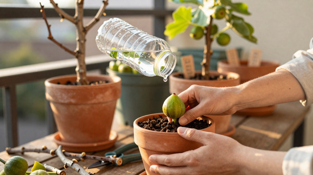 Hands watering a small fig plant in a terracotta pot on a wooden table with other potted plants nearby.