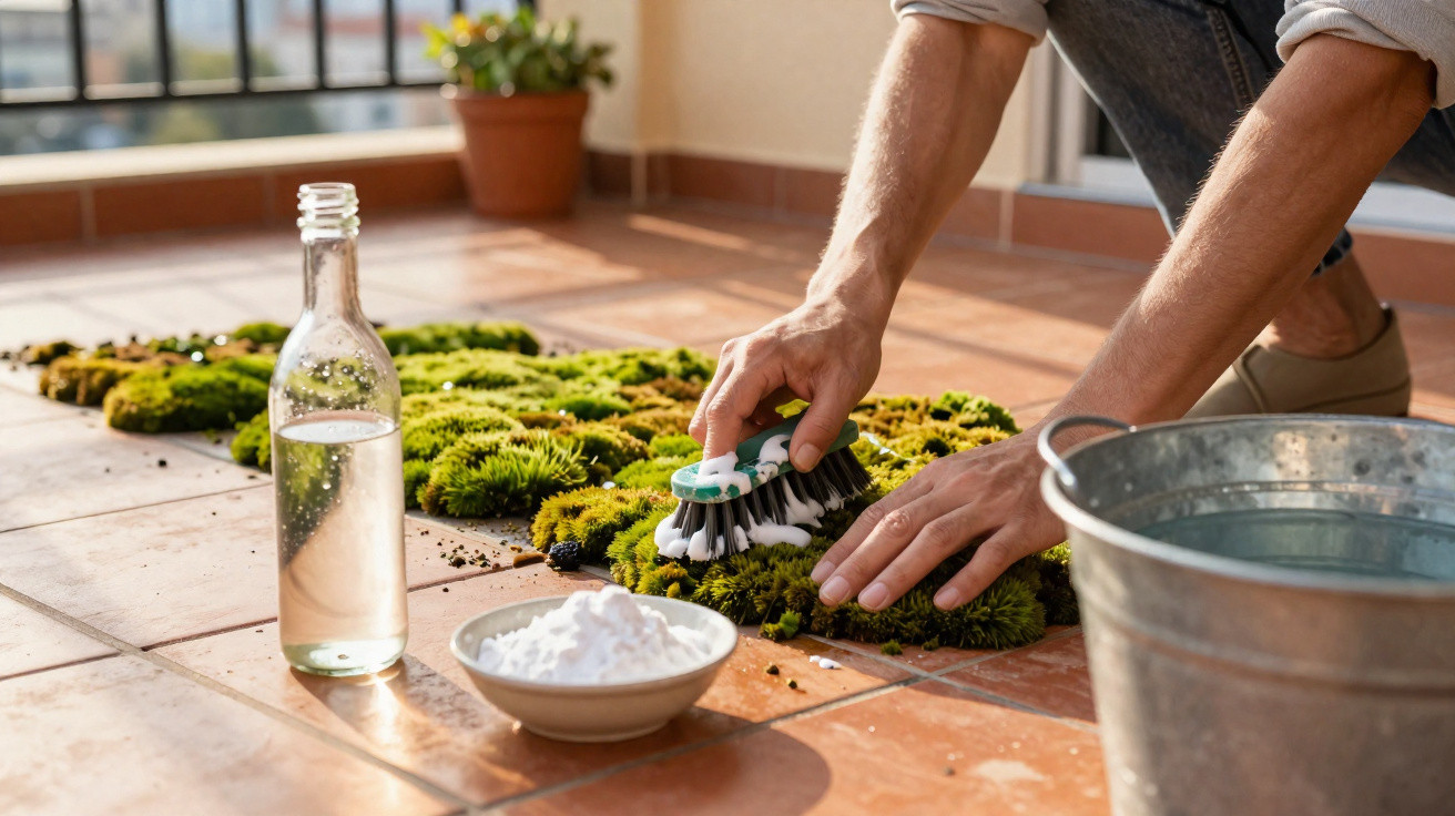 Person scrubbing green moss on terracotta tiles with a brush, bowl of powder, water bottle, and metal bucket nearby.