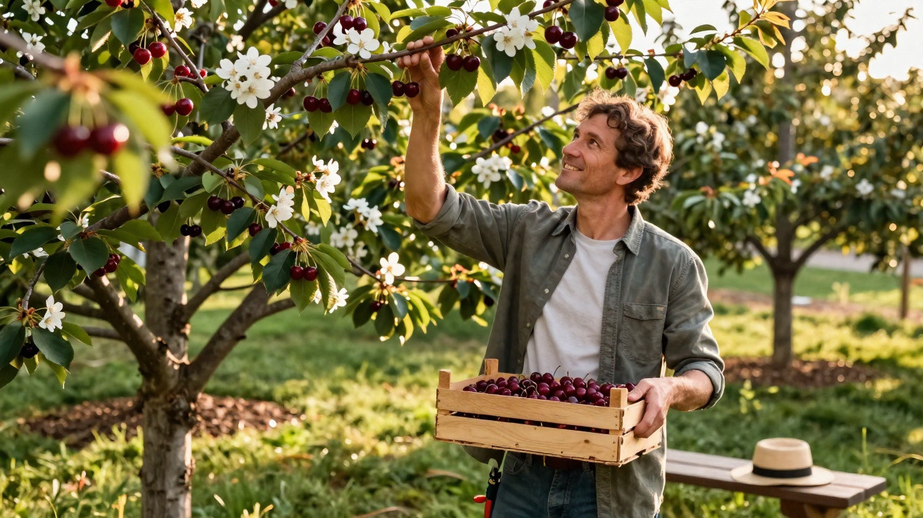 Man harvesting ripe cherries in orchard during golden hour, holding a wooden crate full of fruit.