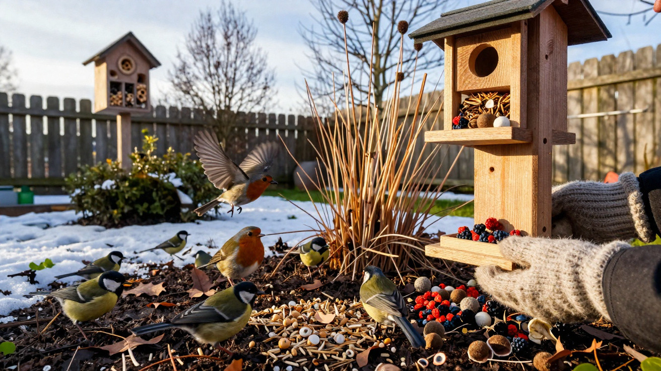 Bird feeder with various small birds, including robins and tits, in a snowy garden being filled by gloved hands.