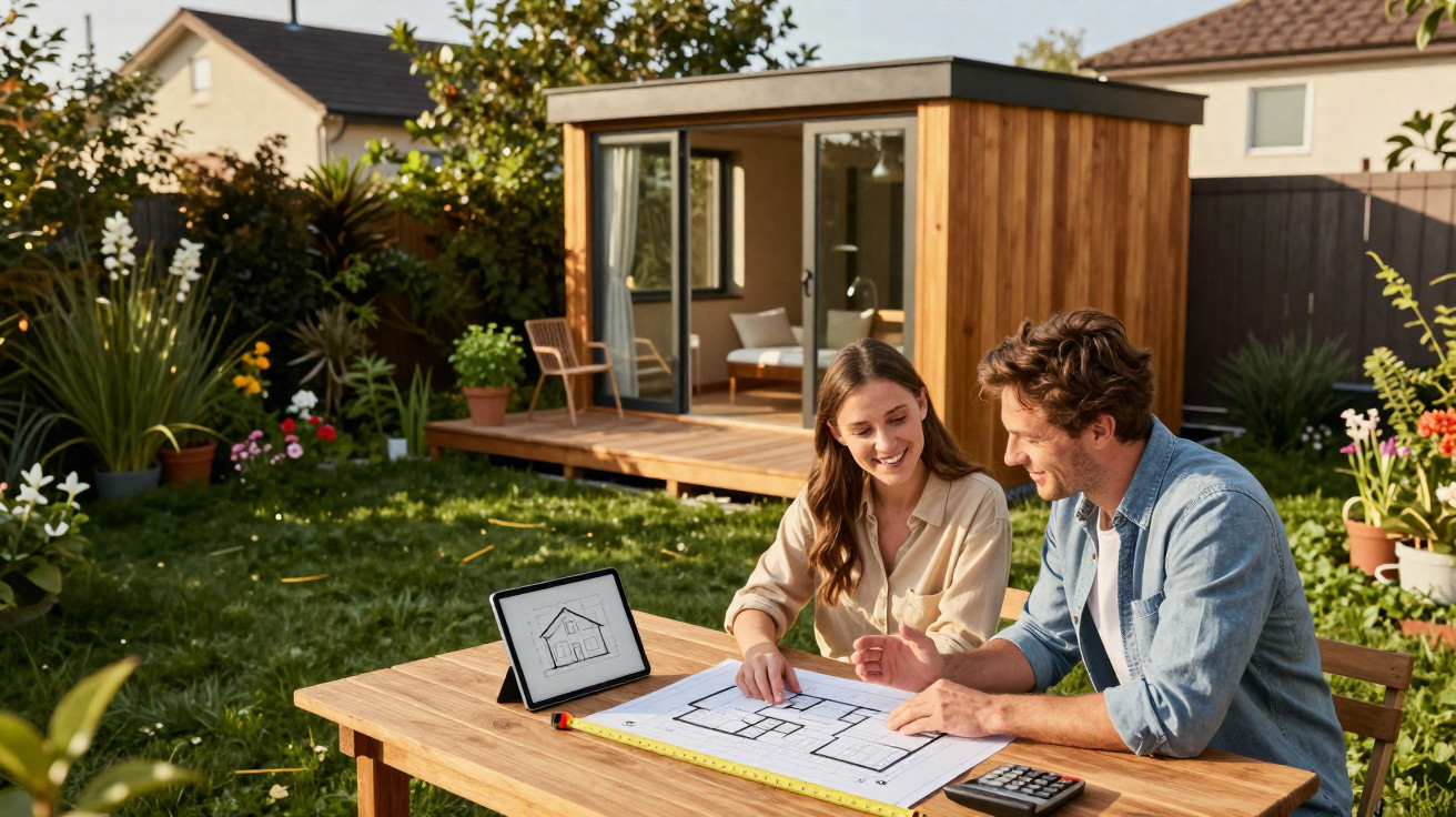 Couple reviewing house plans on a wooden table in a sunny garden with a modern garden room in the background.