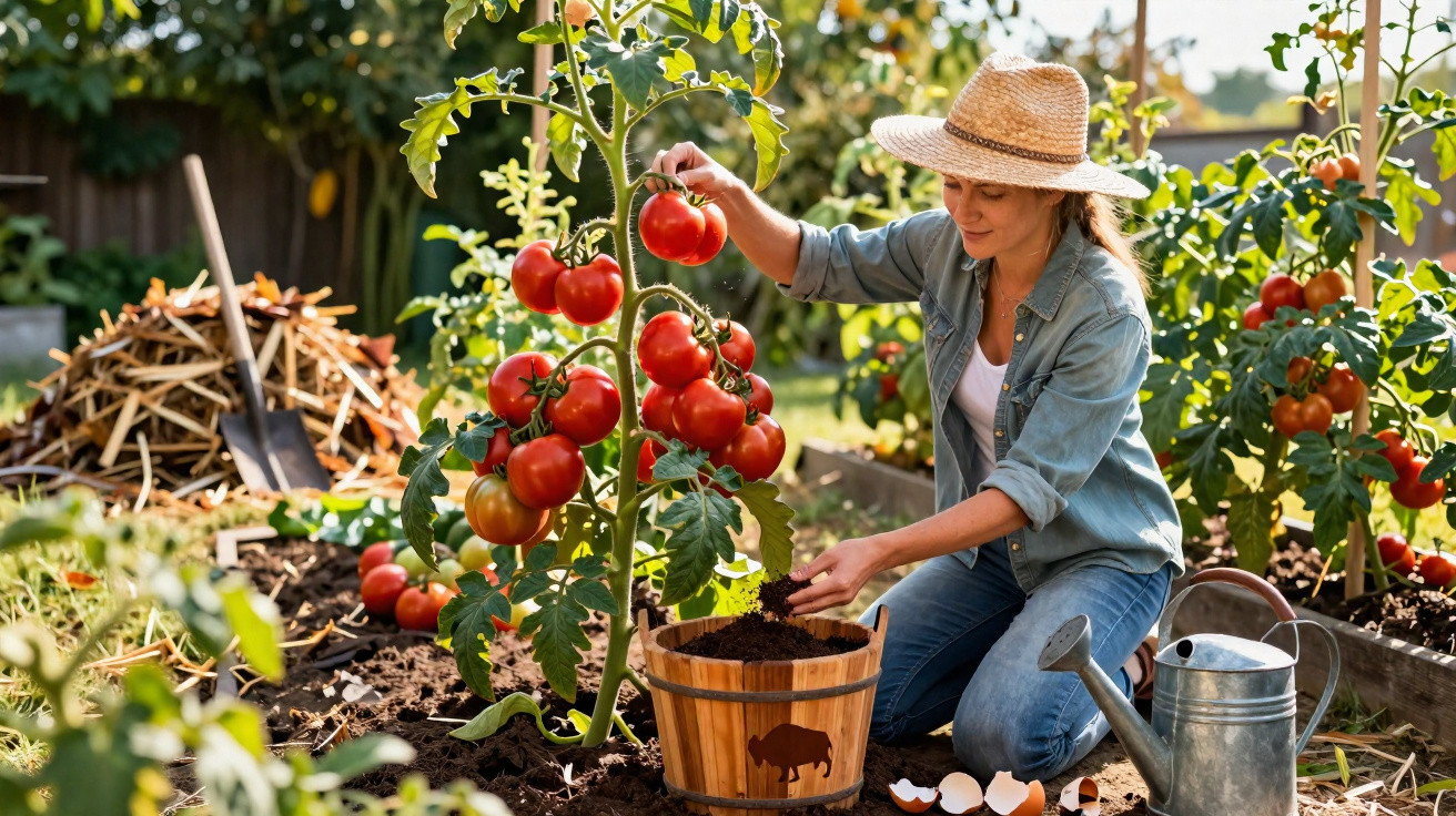 Woman wearing a straw hat harvesting ripe tomatoes in a garden on a sunny day.