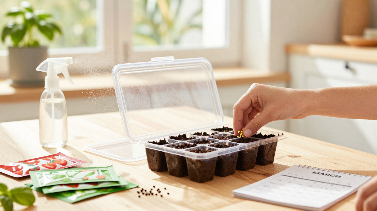 Hand planting seeds in soil trays on a table with seed packets, a spray bottle, and a March calendar.