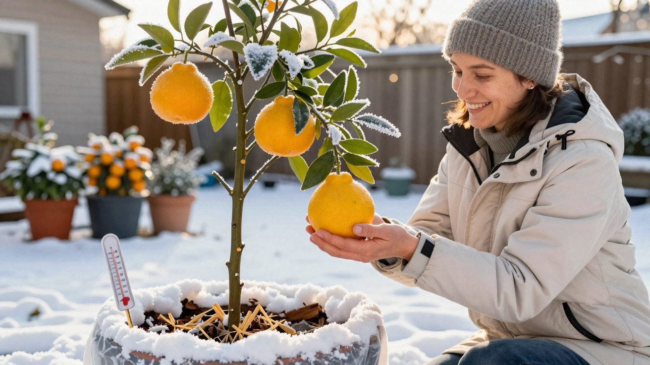 Woman in winter clothing holding a ripe orange from a small potted citrus tree covered in snow outdoors.