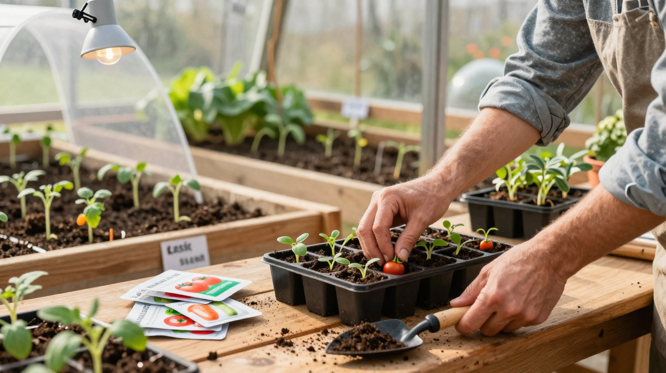 Person planting tomato seedlings in a tray inside a greenhouse with seed packets and soil on the table.