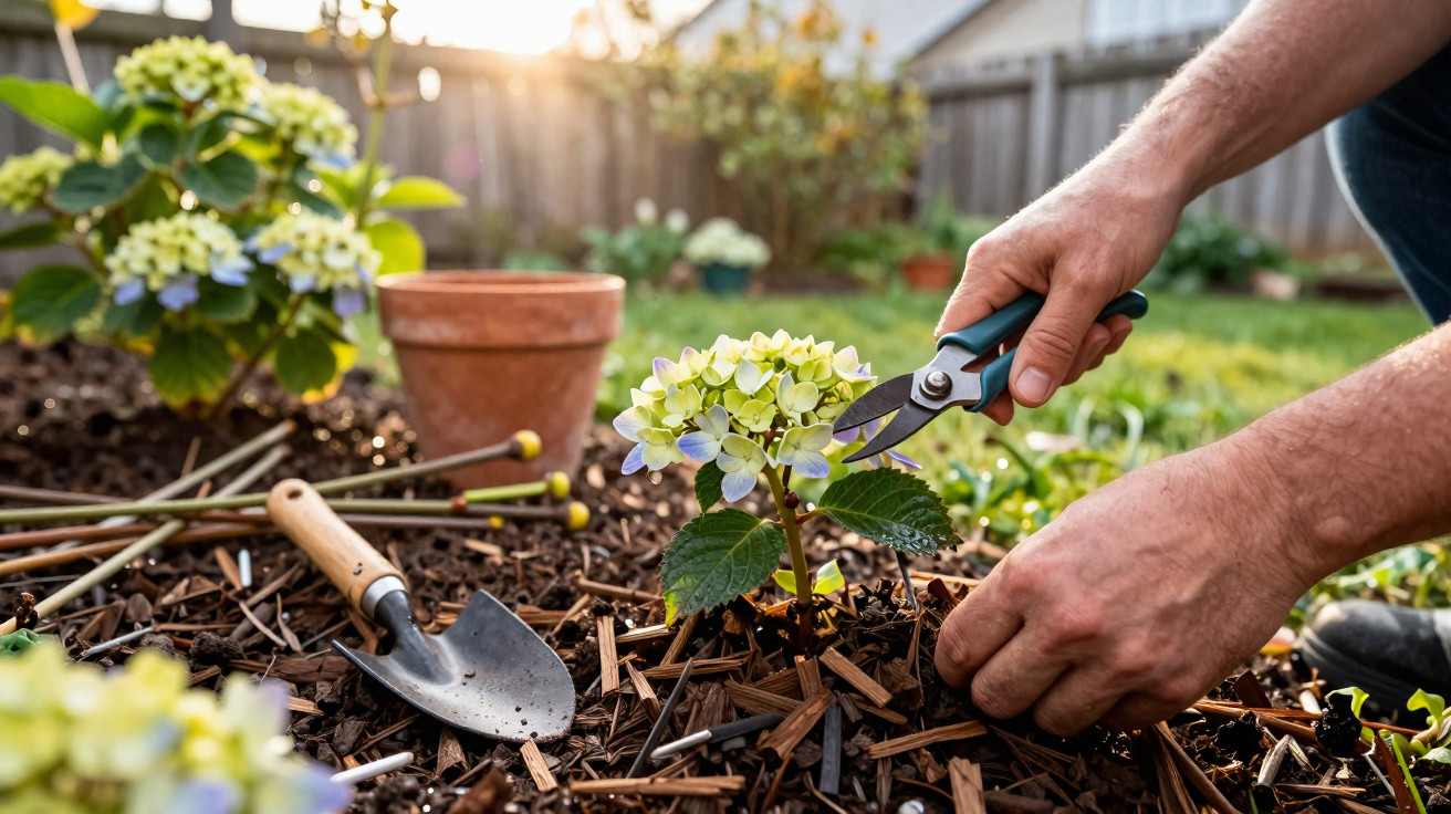 Hands pruning a small flowering plant in a garden bed with gardening tools nearby at sunset.