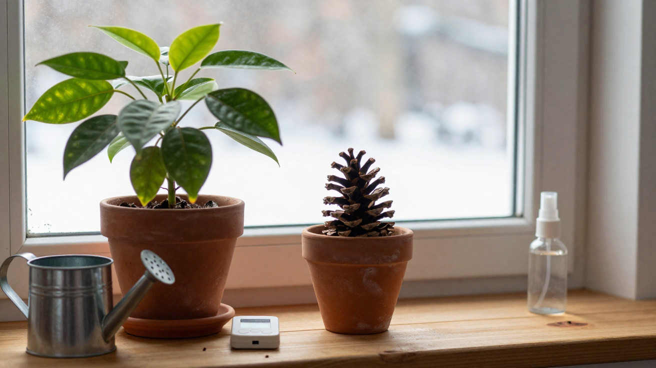 Terracotta pots on a wooden windowsill with a green plant, pine cone, watering can, and spray bottle.