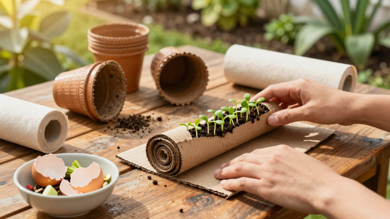 Hands tending to seedlings growing in soil-filled cardboard on a wooden table with pots and eggshells nearby