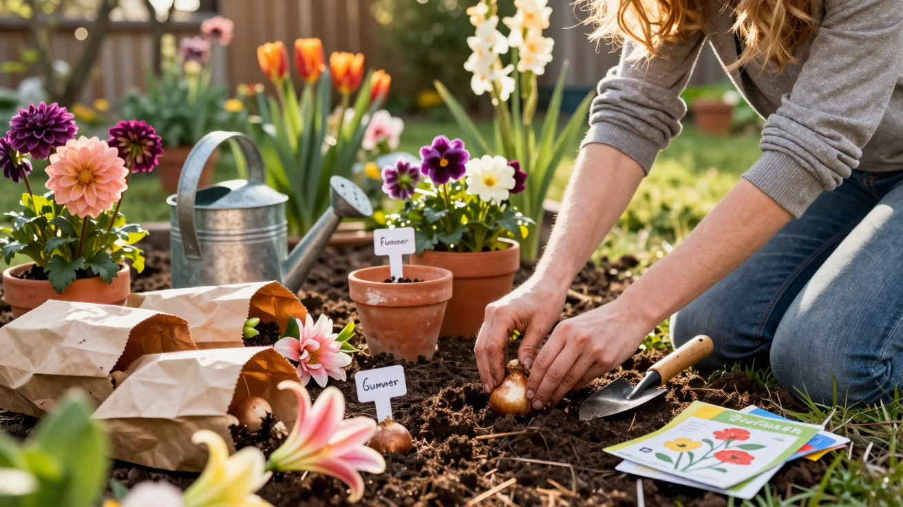 Person planting flower bulbs in garden soil surrounded by potted flowers and gardening tools.