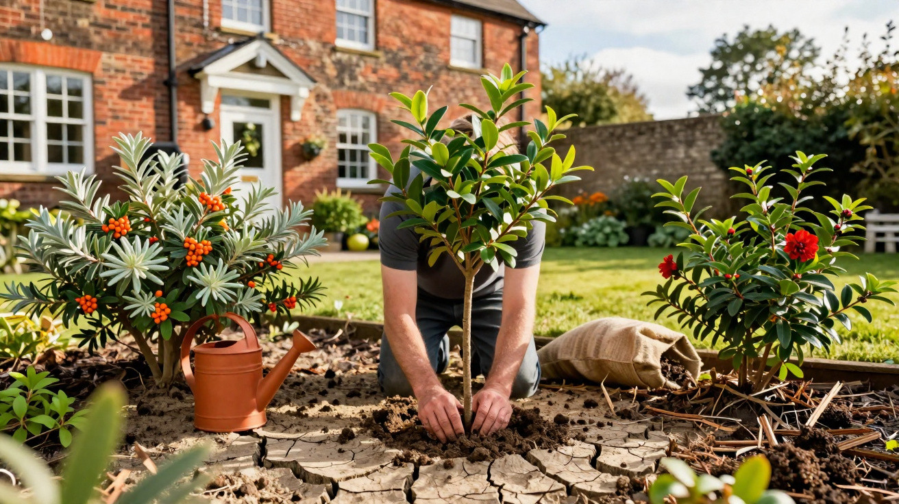 Person planting a small tree in a garden bed with shrubs, flowers, and a watering can nearby.