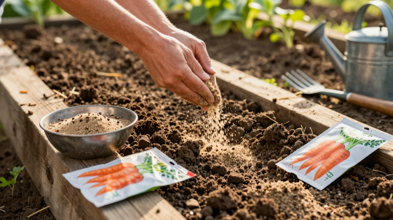 Hands sprinkling soil into a raised garden bed with carrot seed packets and gardening tools nearby.