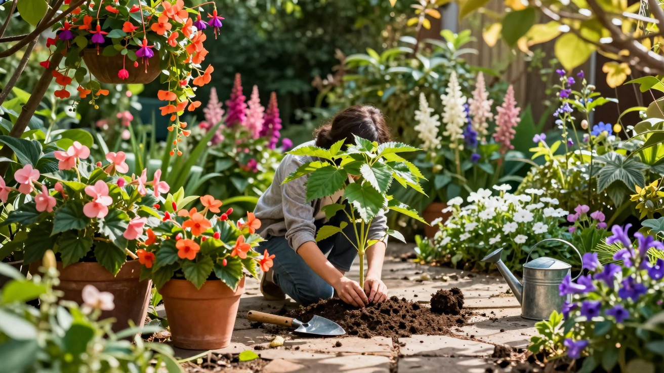 Person kneeling on a garden path planting a young tree amid colourful potted and flowering plants in sunlight.