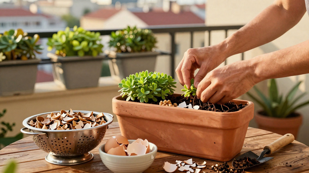 Hands planting a succulent in a terracotta pot on a wooden table with eggshells and gardening tools.