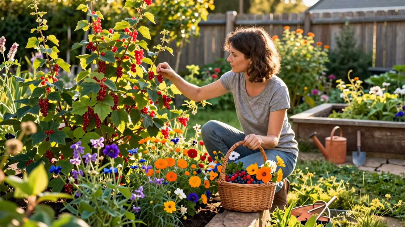 Woman harvesting red currants in a vibrant garden full of colourful flowers on a sunny day.