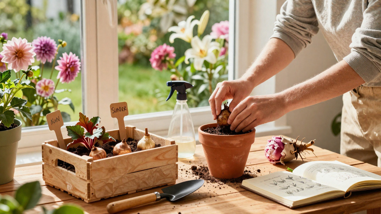 Person planting bulbs in a terracotta pot on a wooden table by a window with gardening tools and plants.