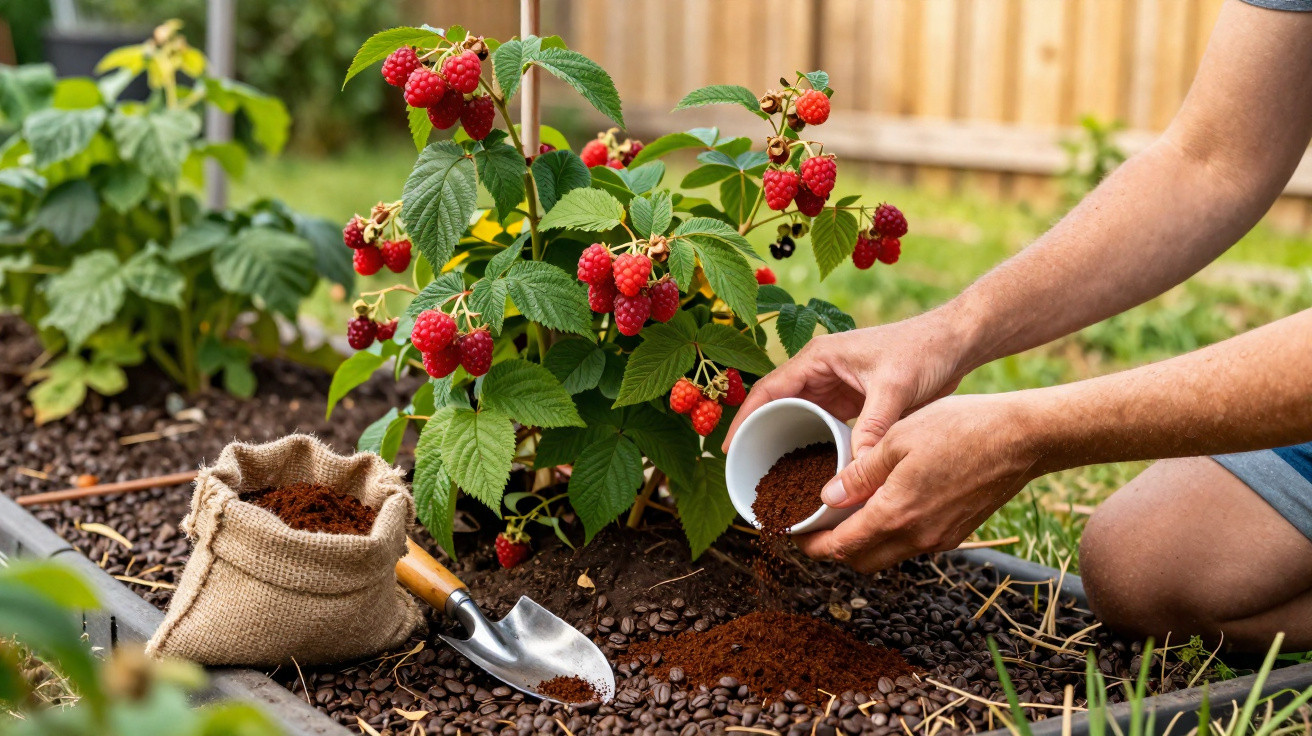 Hands sprinkling coffee grounds near a raspberry bush in a garden with a small gardening trowel and sack of grounds nearby.